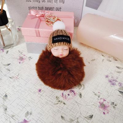 Women Holder Bag Pendant Fluffy Pom Pom Sleeping Baby Doll Key Chain Faux Knitted Hat Ball Keyring Rabbit Fur keychain