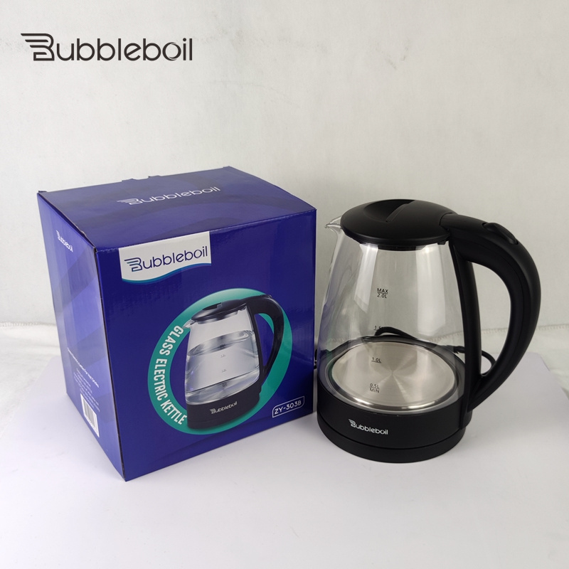 Bubbleboil Spot wholesale electric kettle with blue led light transparent glass teapot tea maker electric kettle tea