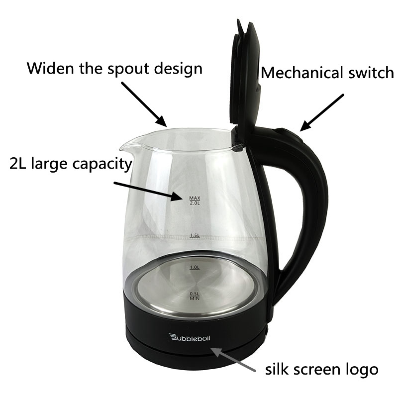 Bubbleboil Spot wholesale electric kettle with blue led light transparent glass teapot tea maker electric kettle tea