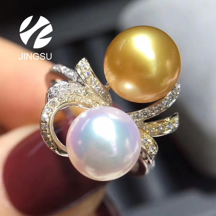 New design 18K gold wedding Japanese akoya cultured pearl mix natural golden color south sea ring for women gift diamond party