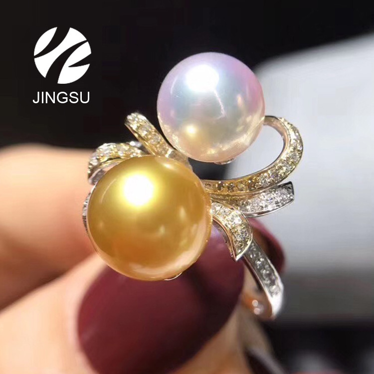 New design 18K gold wedding Japanese akoya cultured pearl mix natural golden color south sea ring for women gift diamond party