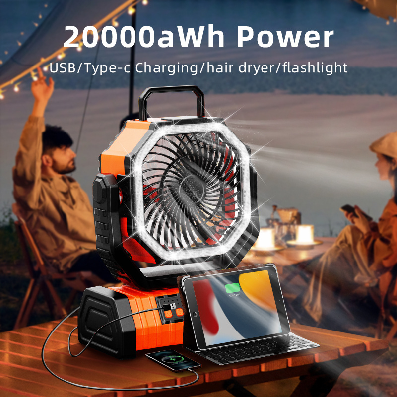 Best-sell 20000mAh Solar Portable Outdoor Automatic Rotation Led Lithium Battery Rechargeable Camping Fan Light Outdoor Fan