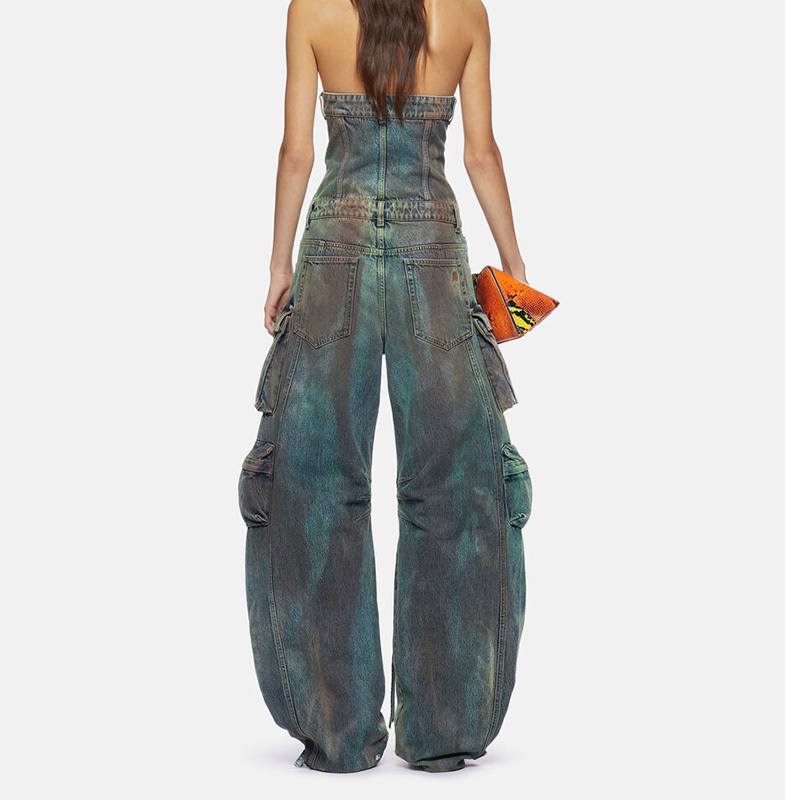 Woman multi pockets long pants camouflage denim strapless jumpsuit