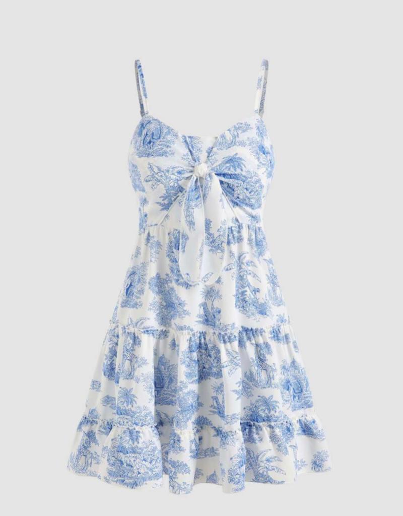 Women bow lace up on breast printed floral dress strap short A-line summer holiday dress