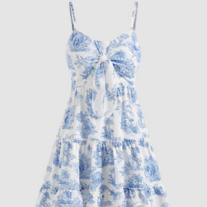 Women bow lace up on breast printed floral dress strap short A-line summer holiday dress