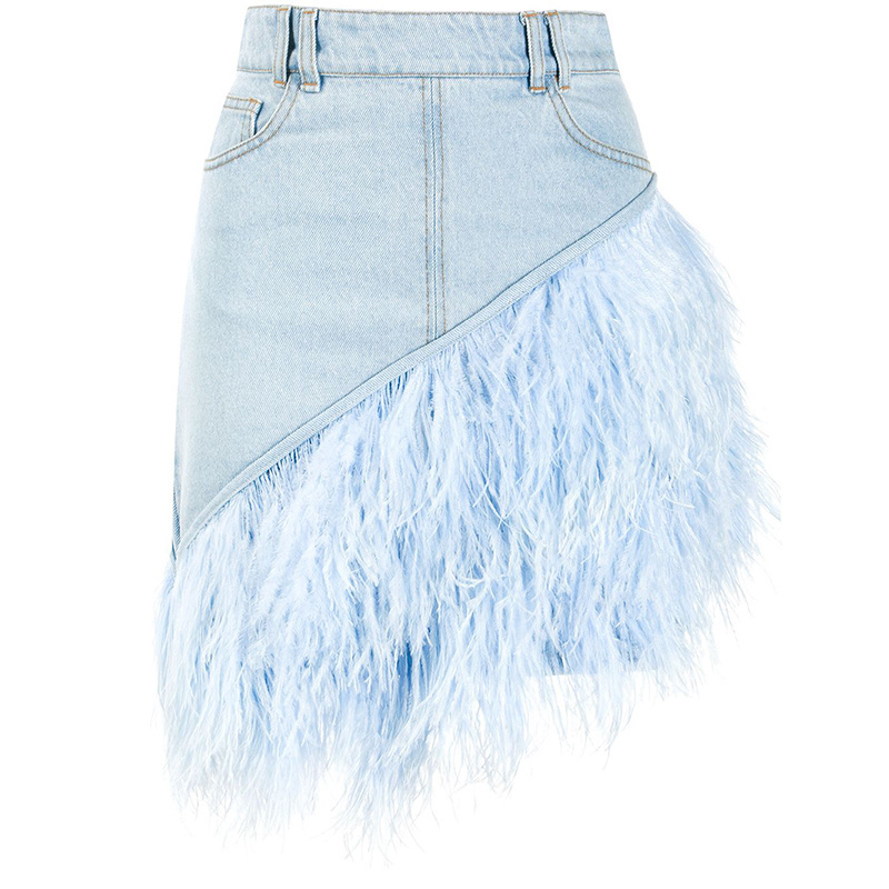 Custom high waist light blue ostrich feather trimmed denim skirt