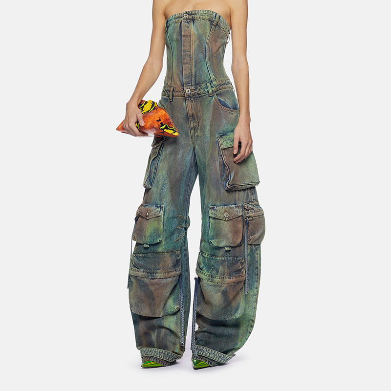 Woman multi pockets long pants camouflage denim strapless jumpsuit