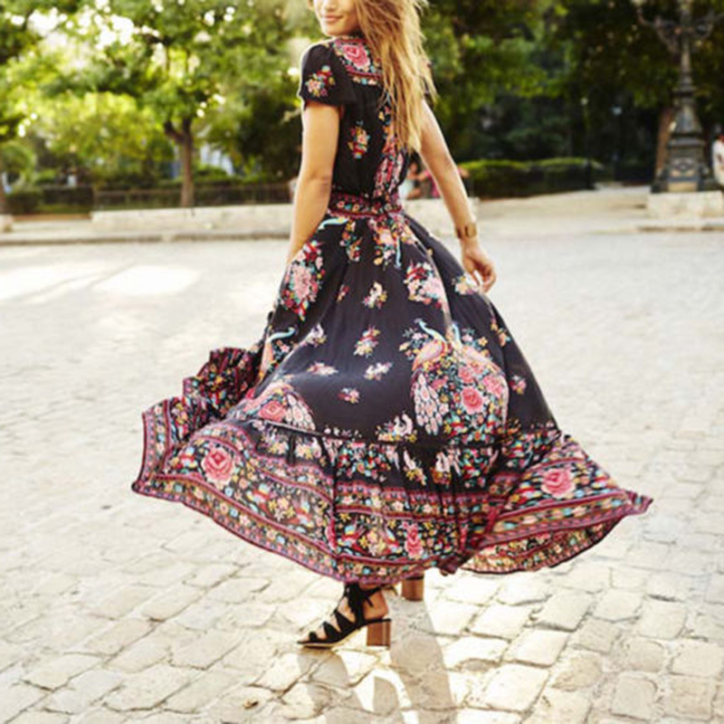 women  v-neckline Sexy Floral Rose Bohemian Boho Long Maxi Dress Sundress Travel Beach Dress front button closure sea side dress