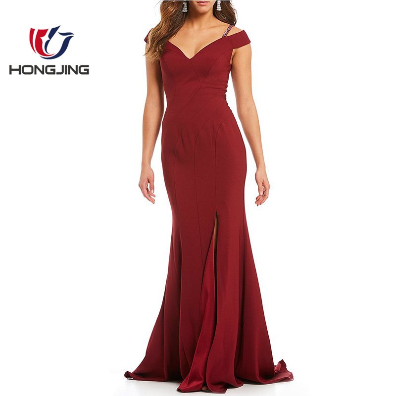 womenBeaded Strap Cold Shoulder Front Slit Gown Sheath silhouette Cap sleevesOff the shoulder neckline back zipper closure dress