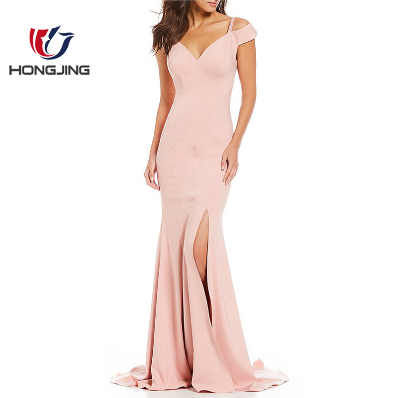 womenBeaded Strap Cold Shoulder Front Slit Gown Sheath silhouette Cap sleevesOff the shoulder neckline back zipper closure dress