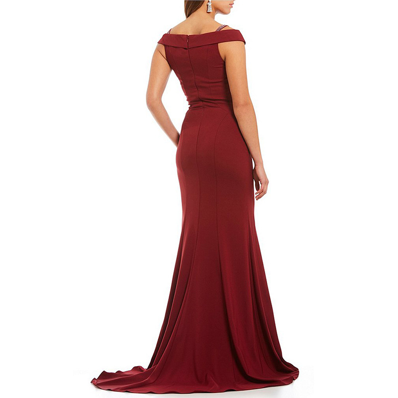 womenBeaded Strap Cold Shoulder Front Slit Gown Sheath silhouette Cap sleevesOff the shoulder neckline back zipper closure dress