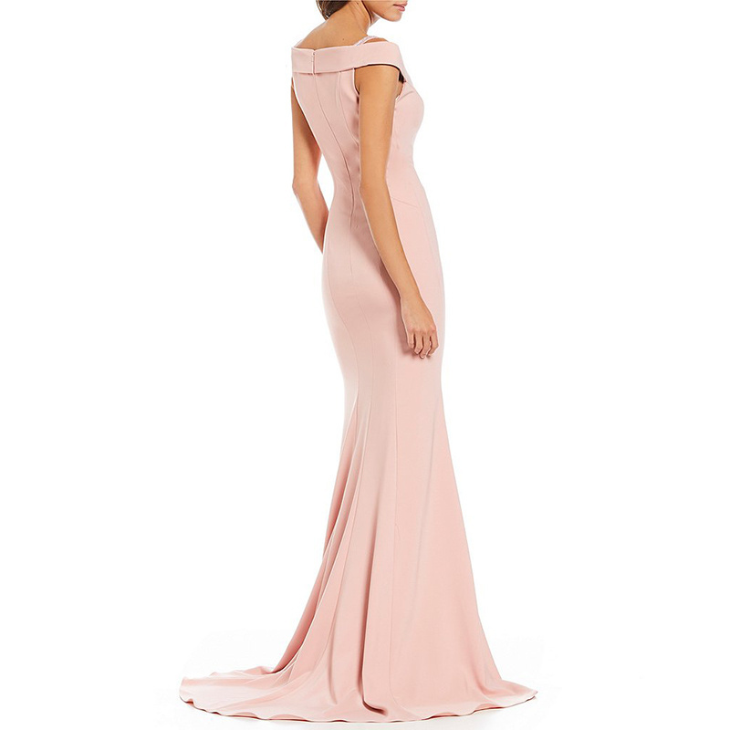 womenBeaded Strap Cold Shoulder Front Slit Gown Sheath silhouette Cap sleevesOff the shoulder neckline back zipper closure dress