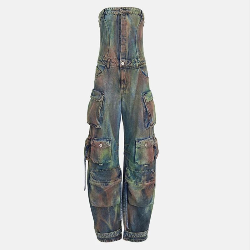 Woman multi pockets long pants camouflage denim strapless jumpsuit