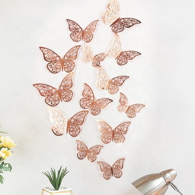 Hot Sale Hollow Paper 3D Gold Butterfly Wall Sticker Lovely Butterfly Wall Decal Wedding Party Decoration Background Butterflies