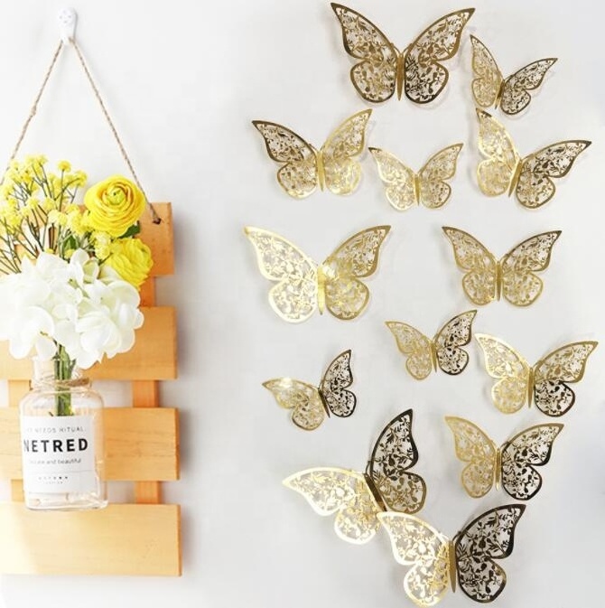 Hot Sale Hollow Paper 3D Gold Butterfly Wall Sticker Lovely Butterfly Wall Decal Wedding Party Decoration Background Butterflies