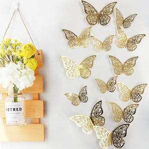 Hot Sale Hollow Paper 3D Gold Butterfly Wall Sticker Lovely Butterfly Wall Decal Wedding Party Decoration Background Butterflies