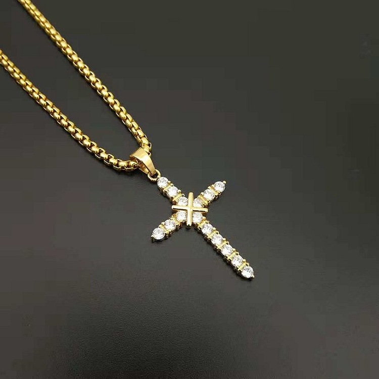 Gold and Silver Small Zircon Cross Necklace Hiphop Stainless Steel Cross Pendant