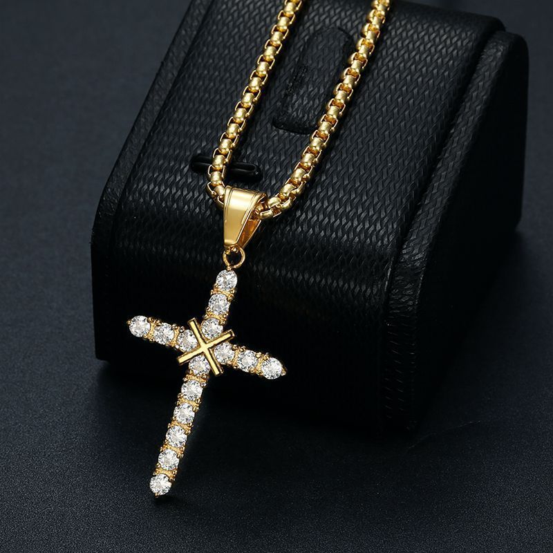 Gold and Silver Small Zircon Cross Necklace Hiphop Stainless Steel Cross Pendant