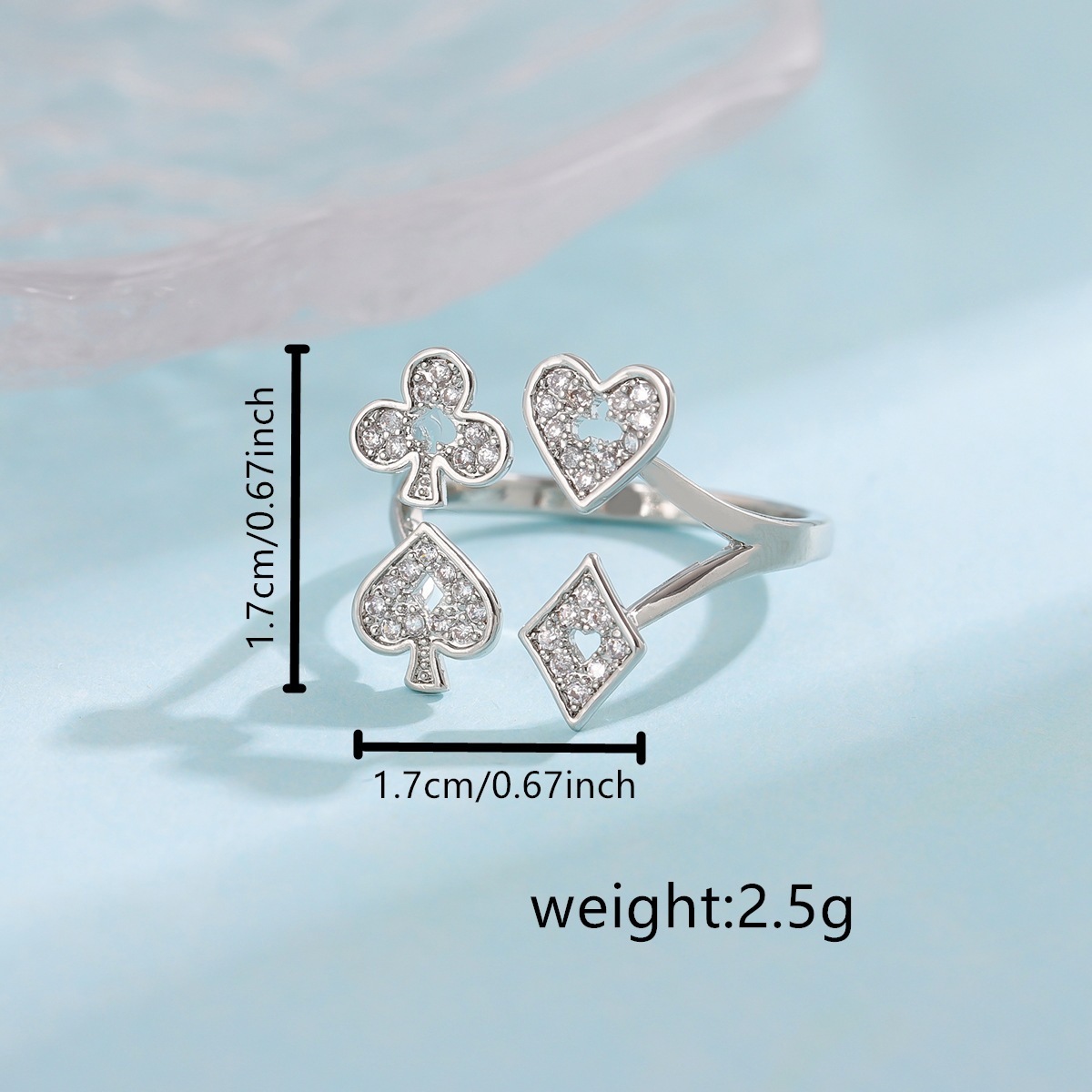 Fashionable Creative Personality Playing Card Heart Square Rings for Women Temperament Rhinestone Opening Ring Jewelry