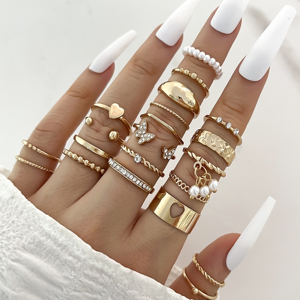 Bohemian Fashion Sun Moon Star Rings for Women Geometric Butterfly Leaf Pearls Ring Set Jewelry Party Accessories