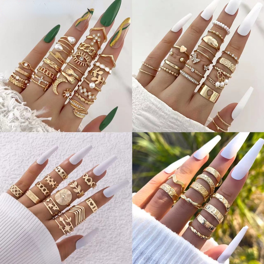 Bohemian Fashion Sun Moon Star Rings for Women Geometric Butterfly Leaf Pearls Ring Set Jewelry Party Accessories