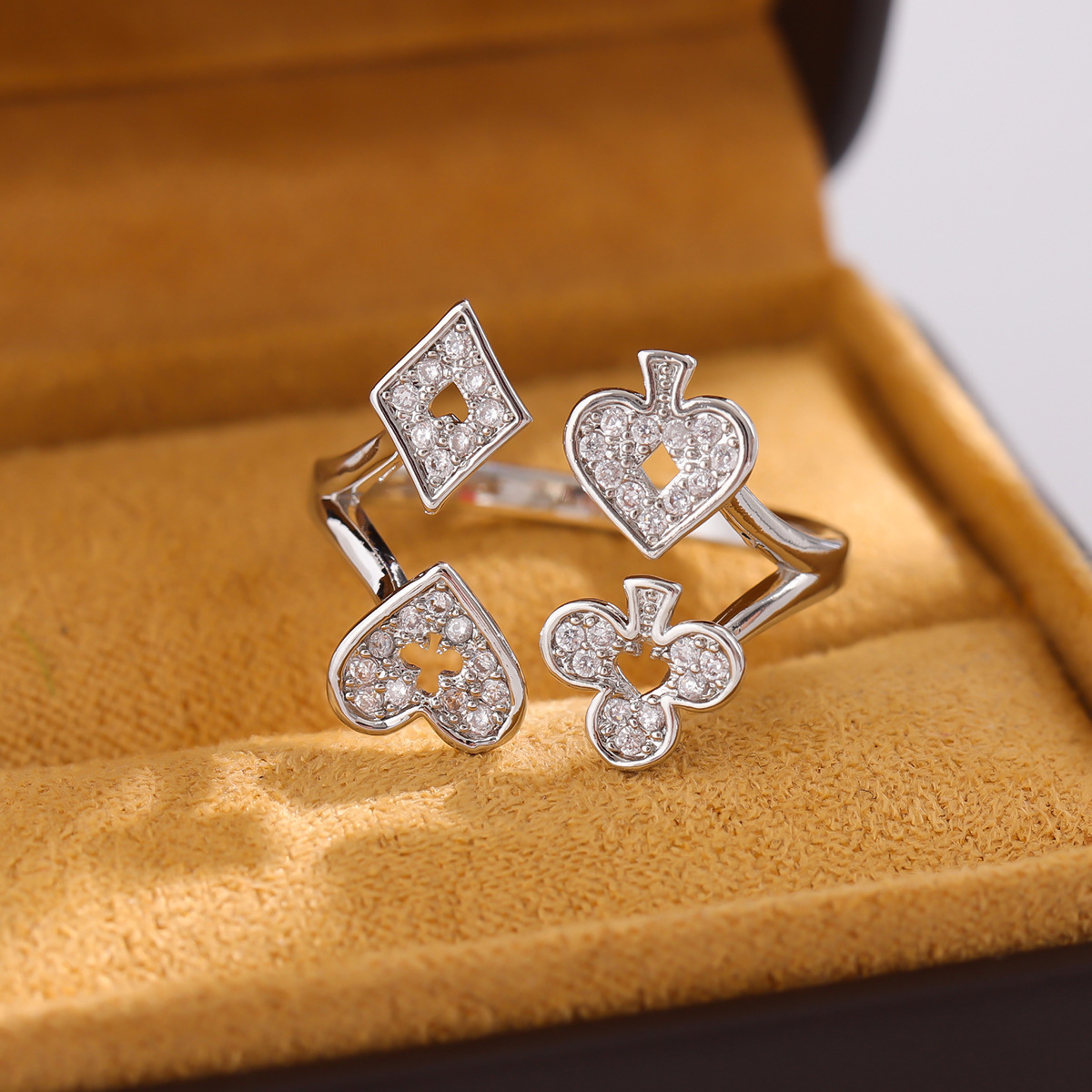 Fashionable Creative Personality Playing Card Heart Square Rings for Women Temperament Rhinestone Opening Ring Jewelry