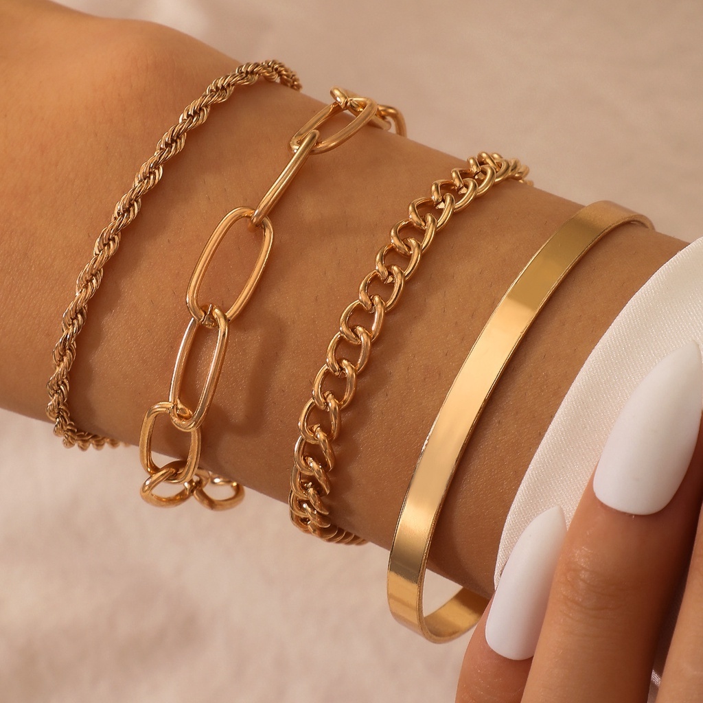 4pcs/set Simple Personality Thin Twisted Chain Gold Bracelet for Women Girl Open Cuff Bangle Gift Jewelry Accessories