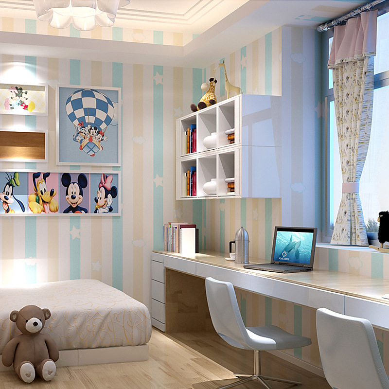 Children's Room Princess Room Non-woven Wallpaper Blue Pink Vertical Stripes Bedroom Boy Girl Room Cartoon Wallpaper