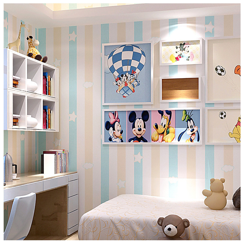 Children's Room Princess Room Non-woven Wallpaper Blue Pink Vertical Stripes Bedroom Boy Girl Room Cartoon Wallpaper