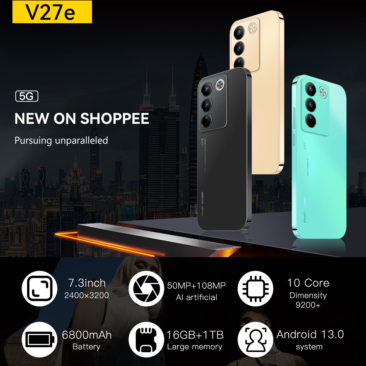 Hot selling Phones Original V29/V27e  pro  Android Cheap  7.3 Inch Land Line 5g smart phone  16GB+1TB mobile phone