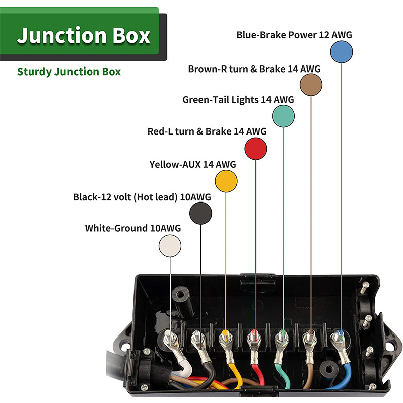 7 Way 8 Feet Trailer Cord Connector Cable Wiring Harness with Waterproof Junction Box Include 12V Breakaway Switch and Plug Hold