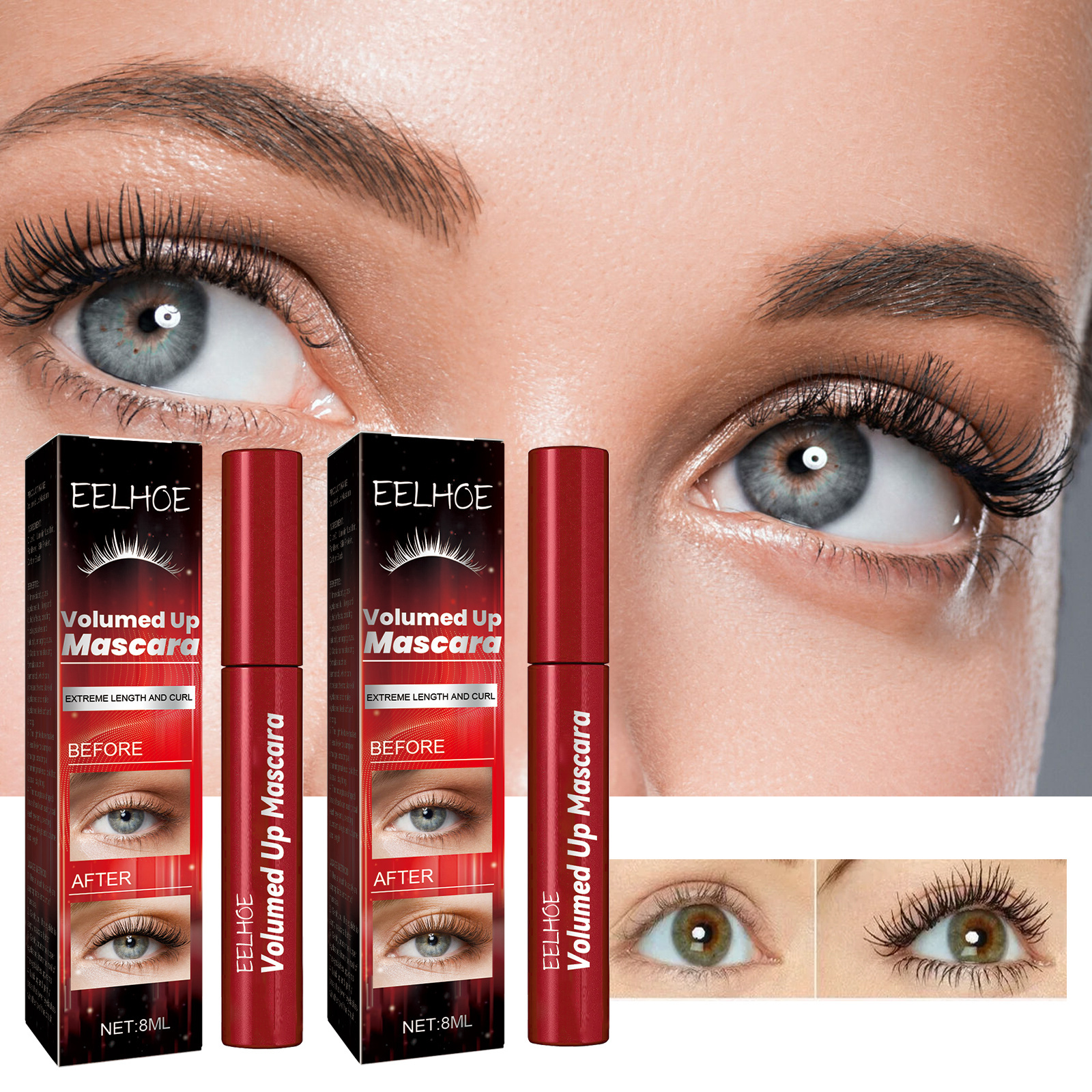 EELHOE Glitter Mascara Fast Dry Eyelashes Curls Extension Make-Up Waterproof Long-lasting Lengthens Eye Lash Mascara