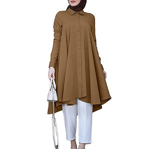 RNSHANGER Vintage Women Asymmetric Shirts Autumn Long Sleeve Turkish Robe Shirts Casual Women Solid Color Islamic Blouses