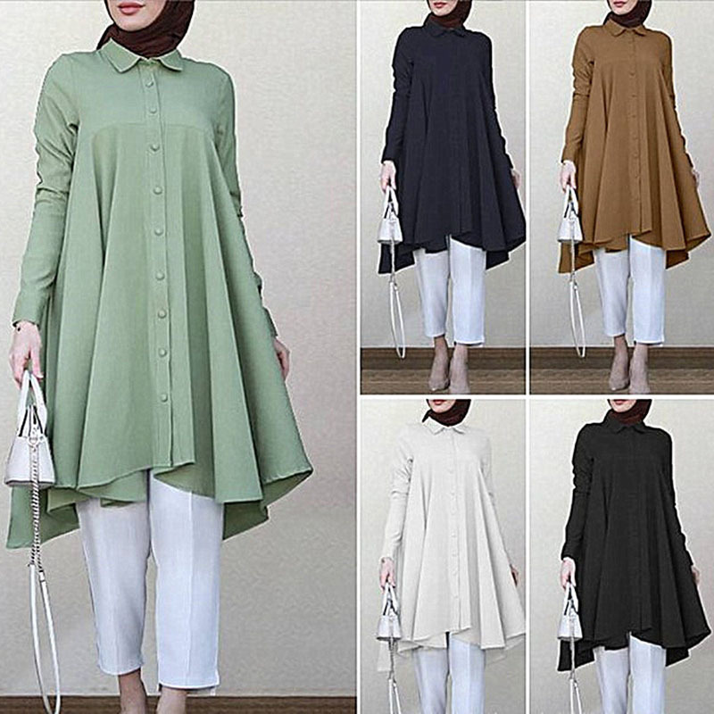 RNSHANGER Vintage Women Asymmetric Shirts Autumn Long Sleeve Turkish Robe Shirts Casual Women Solid Color Islamic Blouses