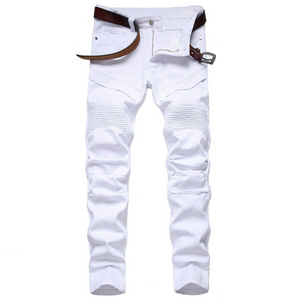 RNSHANGER Fashion White Motorcycle Jeans Men's Personality Pants Solid Color Casual Denim Jeans for Men Straight Spliced Jeans