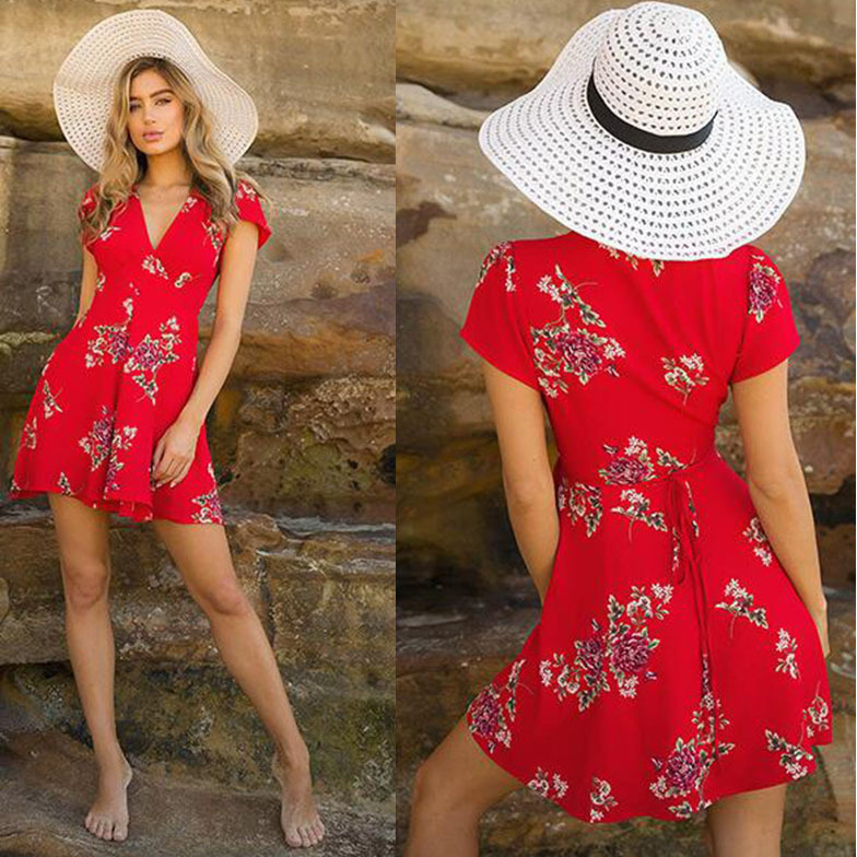 Women Sexy Elegant Deep V-neck Mini Short Dress Korean Formal Dress Summer Boho Evening Party Beach Floral Print Ladies Dress