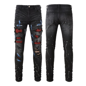 Wholesale Black Slim Ripped Embroidery Mens Jeans Streetstyle Skinny Fit Denim Ripped Men Rhinestone Jeans