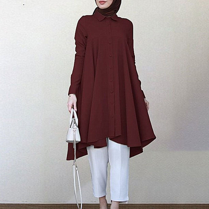 RNSHANGER Vintage Women Asymmetric Shirts Autumn Long Sleeve Turkish Robe Shirts Casual Women Solid Color Islamic Blouses