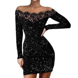 Sexy Lace Women Long Sleeve Slash Neck Turtleneck Mini Dress Night Club Party Bodycon Dress New Elegant Princess Dress