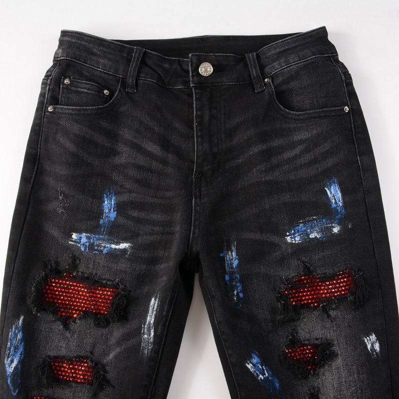 Wholesale Black Slim Ripped Embroidery Mens Jeans Streetstyle Skinny Fit Denim Ripped Men Rhinestone Jeans