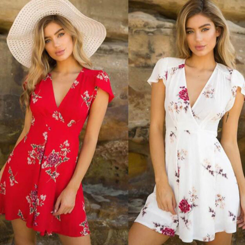 Women Sexy Elegant Deep V-neck Mini Short Dress Korean Formal Dress Summer Boho Evening Party Beach Floral Print Ladies Dress