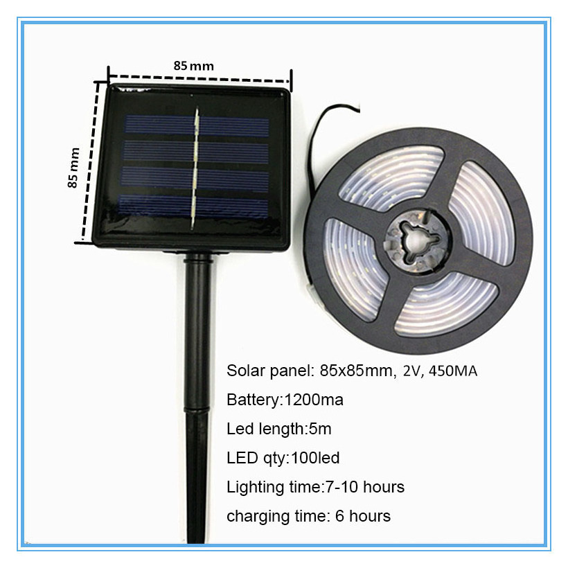 solar powered waterproof led strip lights 85*85 solar panel 5m led strip 300 led IP65 waterproof white/warm white for garden