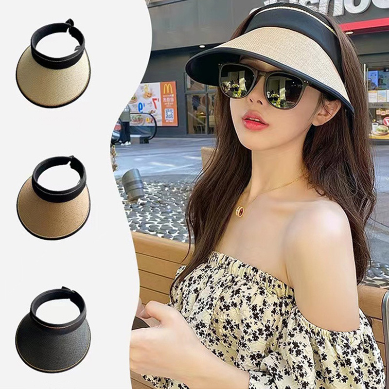 Women Summer Open Top custom Hats Fashion Large Brim Rubber Straw sun-shading hat for Beach