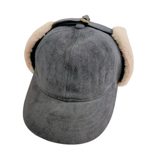 Fashion suede lambs wool material thick winter hat for women with ear flaps