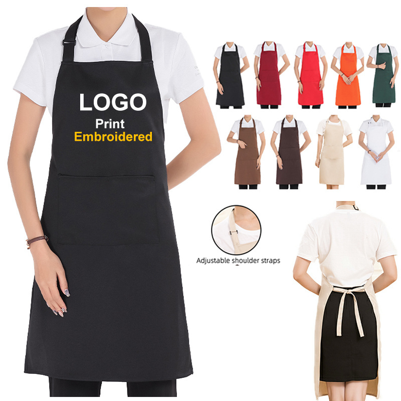 Wholesale Unisex Cooking Kitchen Restaurant Work Aprons For Men and Women With Pockets Plain Black Chef Waiter Apron Custom Logo