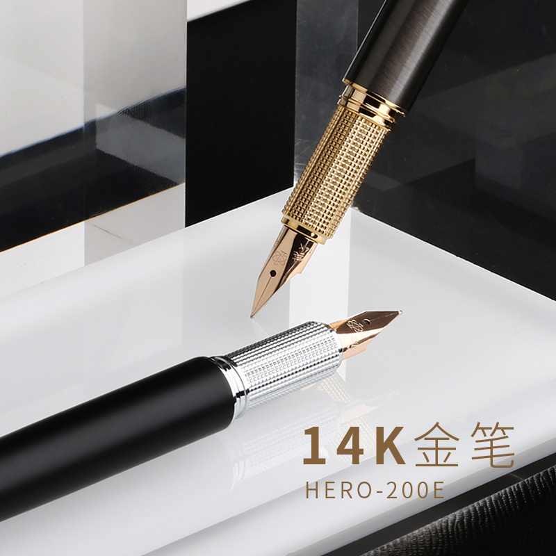 Gold Fountain Pen HERO-200E# High Quality Luxury Business Black Gold Color Engraving Brass Paint  made in China