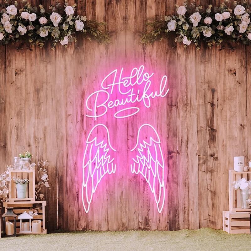 Customized Wall Backdrop Light Sign Acrylic Neon Letters Hello Beautiful Angel Wing Neon Signs Light