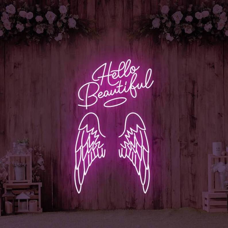 Customized Wall Backdrop Light Sign Acrylic Neon Letters Hello Beautiful Angel Wing Neon Signs Light