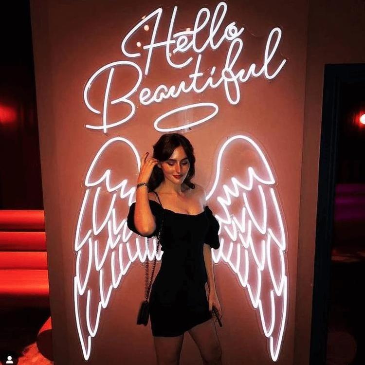 Customized Wall Backdrop Light Sign Acrylic Neon Letters Hello Beautiful Angel Wing Neon Signs Light