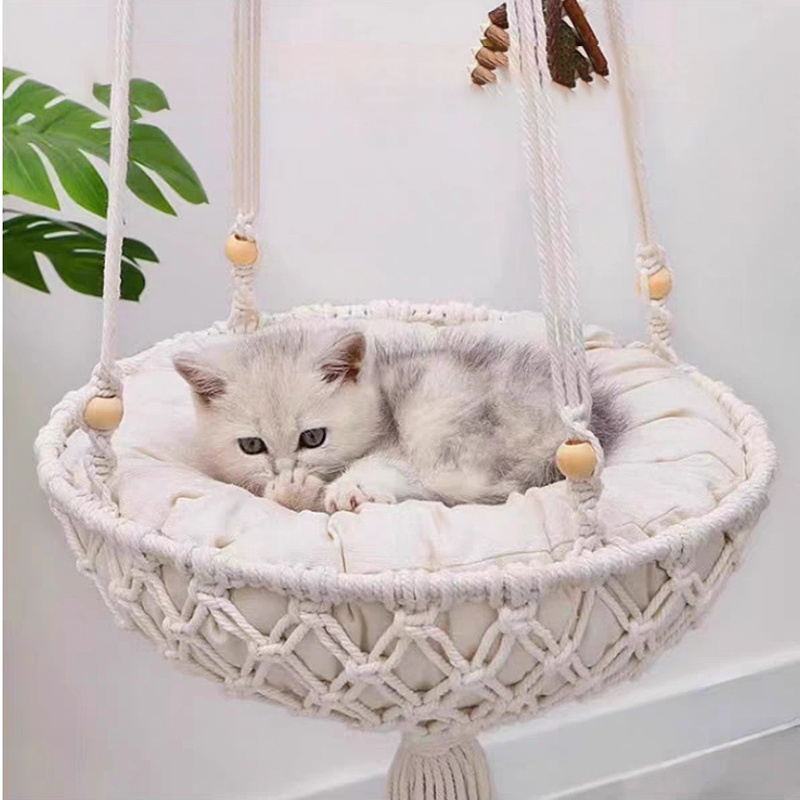 Handwoven Boho Macrame  Cat Hammock Indoor Outdoor Hanging Cat Swing Bed Pet Cats Sleeping Bed